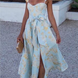 Chic Floral Midi Dress in Blue and Yellow